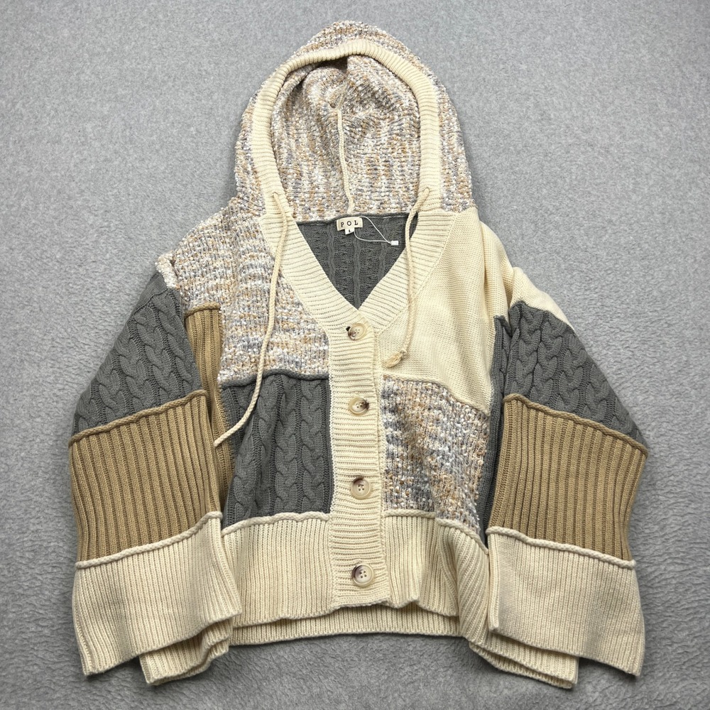 POL Patchwork Sweater Womens Large Neutral Mixed Knit Hooded Button Up Cardigan